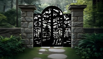 3 Parça Orman ve Kurt Desenli Lazer Kesim Bahçe Kapısı