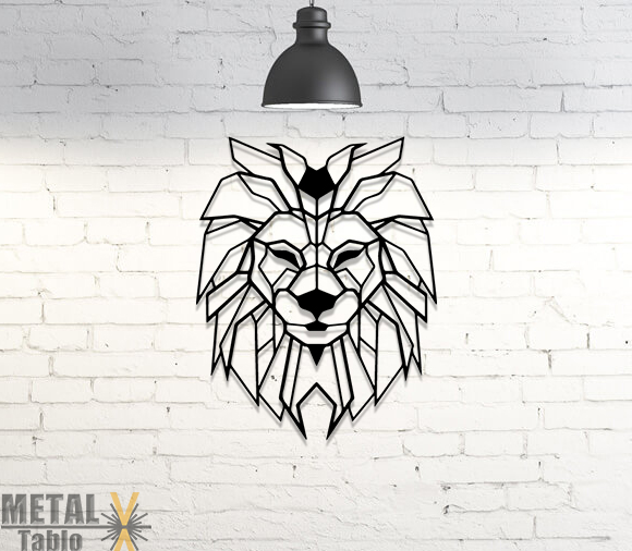 Geometrik Aslan Başı Lazer Kesim Metal Tablo