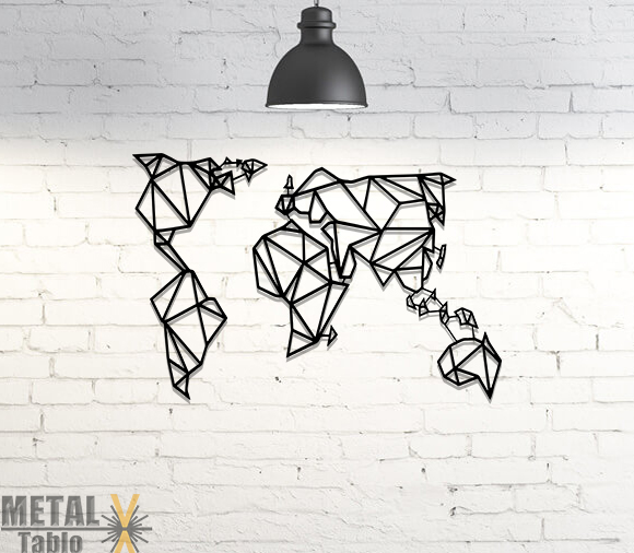 Geometrik Dünya Haritası Lazer Kesim Metal Tablo