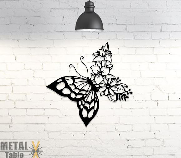 Çiçek Kanatlı Kelebek Metal Tablo