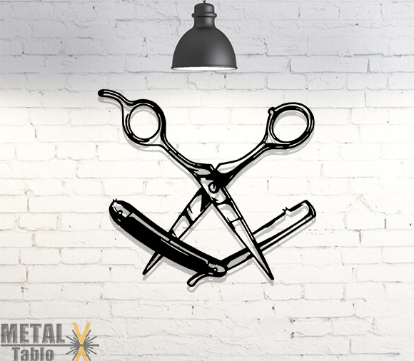 Makas ve Jilet Berberlere Özel Lazer Kesim Metal Tablo