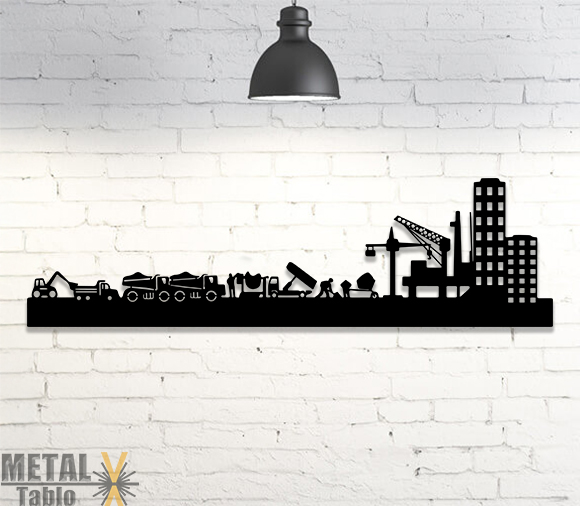 İnşaat Kamyonlar ve Kepçe Lazer Kesim Metal Tablo