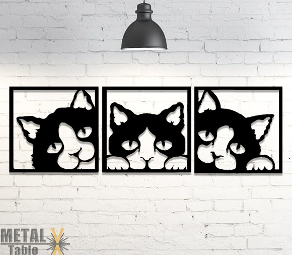 Üç Kafalı Kedi Lazer Kesim Metal Tablo