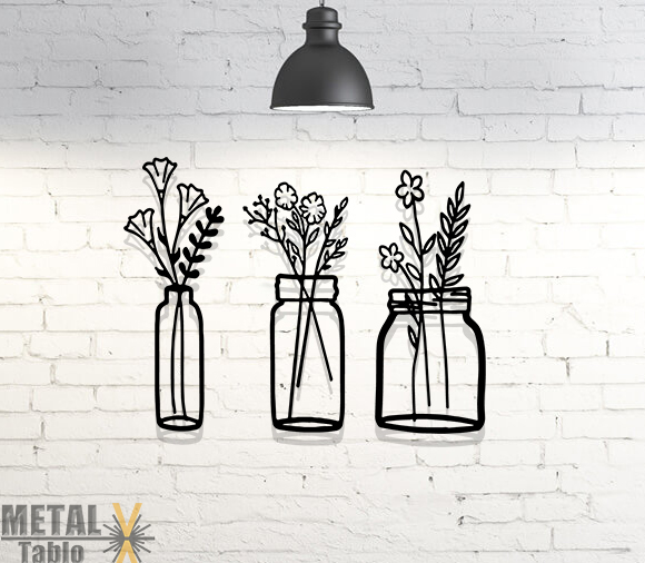 Üç Parça Vazo Çiçekler Lazer Kesim Metal Tablo