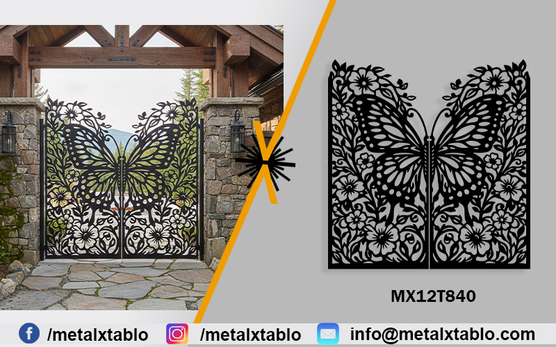 Kelebek Desenli Çift Kanatlı Lazer Kesim Ferforje Kapı