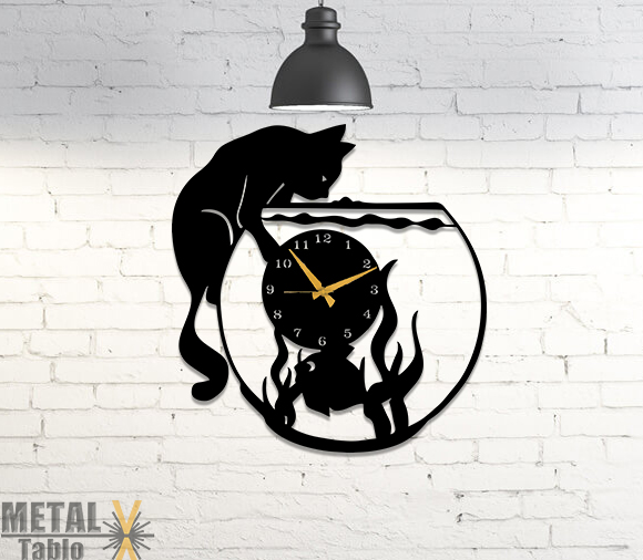 Kedi Balık ve Akvaryum Metal Duvar Saati