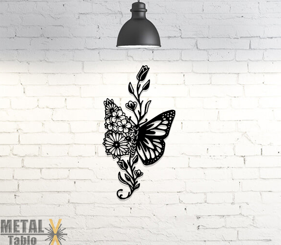 Çiçek Kanatlı Kelebek ve Gül Metal Tablo