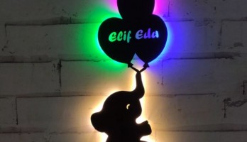 Renkli Ledli Çocuk Odası İçin Balonlu Fil Metal Tablo