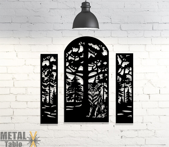 3 Parça Orman ve Kurt Desenli Lazer Kesim Bahçe Kapısı